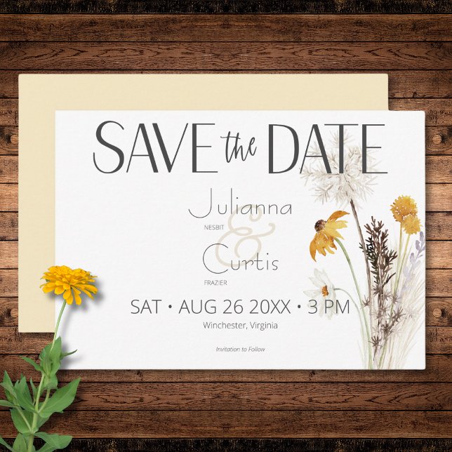 Save The Date Boho Golden Yellow Meadow Fleurs Jaune Mariage (Boho Golden Yellow Meadow Flowers Yellow Wedding Save The Date)