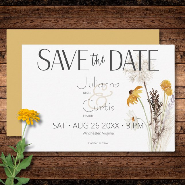 Save The Date Boho Golden Yellow Meadow Fleurs Or Mariage (Boho Golden Yellow Meadow Flowers Gold Wedding Save The Date)