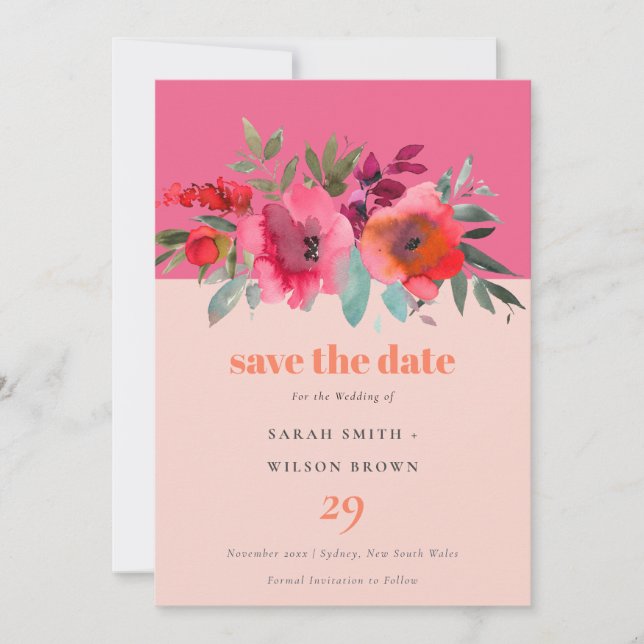 Save The Date Boho Hot rose orange aquarelle Mariage floral (Devant)
