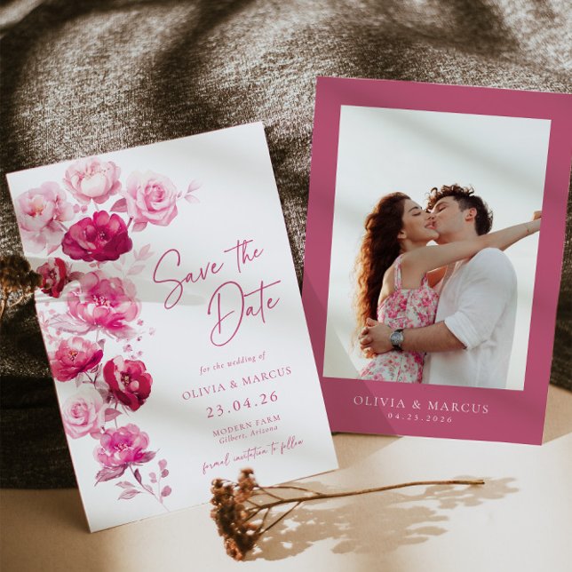 Save The Date Boho Magenta Hot rose Rose Floral Mariage Photo (Front/Back)