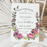 Save The Date Boho Magenta rose violet jaune Mariage Floral<br><div class="desc">Ce mariage boho élégant à sauver la date présente de belles aquarelles magenta, roses de pivoines roses, lavandes violettes, fleurs mauves et jaunes et une couronne de verdure rustique. Ce mariage dynamique sauve la date est parfait pour les mariages d'été et de printemps. Personnalisez-le avec vos détails facilement et rapidement,...</div>