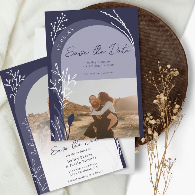 Save The Date Boho marine bleu photo noms script arch mariage (Créateur téléchargé)