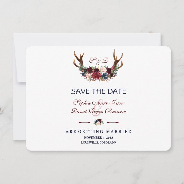 Save The Date Boho Merlot Navy Blue Floral Antlers Enregistrer L (Devant)