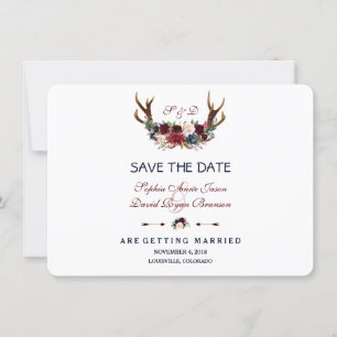 Save The Date Boho Merlot Navy Blue Floral Antlers Enregistrer L