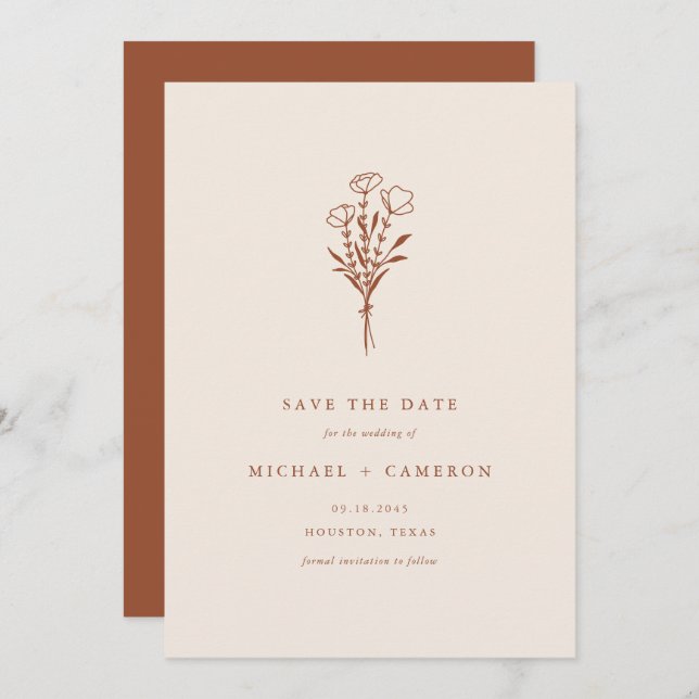 Save The Date Boho Minimaliste Bouquet Botanique Terracotta (Devant / Derrière)