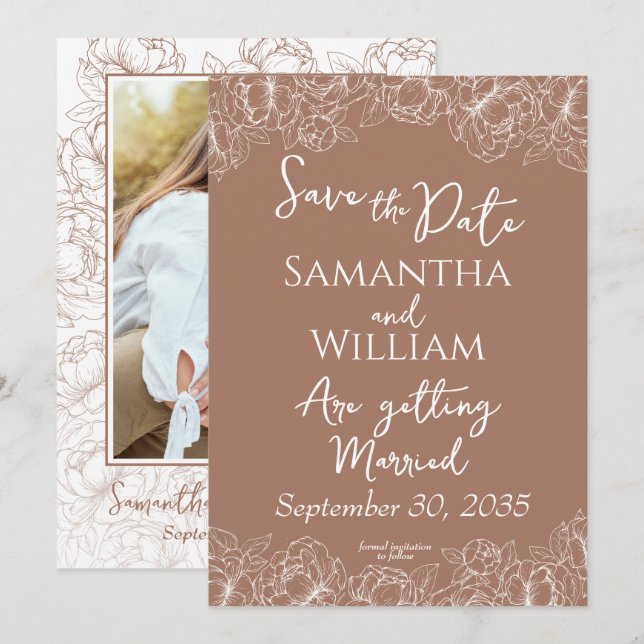 Save The Date Boho Mocha Mousse Floral Moderne Photo Mariage (Devant / Derrière)