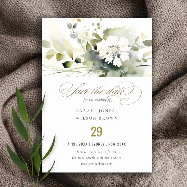 Save The Date Boho moderne Abstrait vert blanc Mariage floral (Créateur téléchargé)