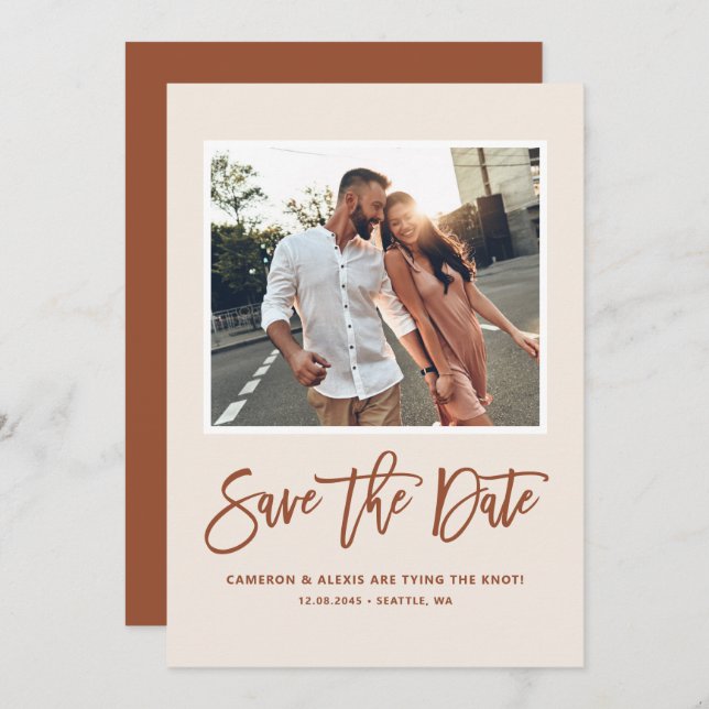 Save The Date Boho Moderne Calligraphie Terracotta Photo (Devant / Derrière)
