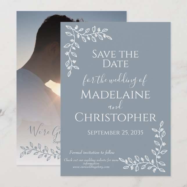 Save The Date Boho moderne Dusty Bleu Botanique Mariage photo (Devant / Derrière)