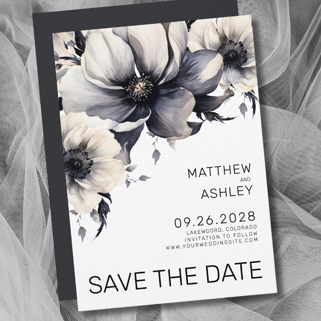 Save The Date Boho moderne Elégant noir blanc Mariage floral (Modern Elegant Floral Black White Wedding Save the Date)