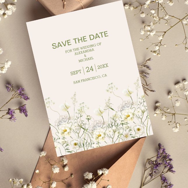 Save The Date Boho Neutral Blanc Aquarelle Fleur sauvage Mariage (Créateur téléchargé)