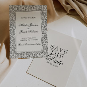 Save The Date Boho Noir Crème Floral Photo Botanique Mariage