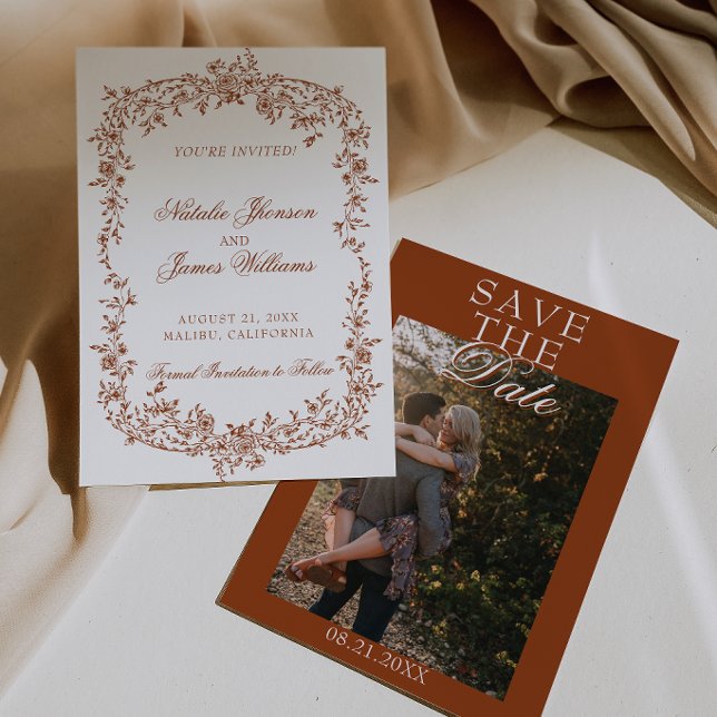 Save The Date Boho Orange Brûlé Floral Botanique Photo Mariage (Créateur téléchargé)