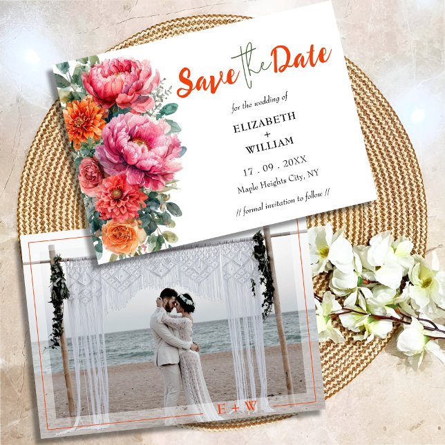Save The Date Boho Orange & rose Floral Photo Initiales Mariage (Créateur téléchargé)