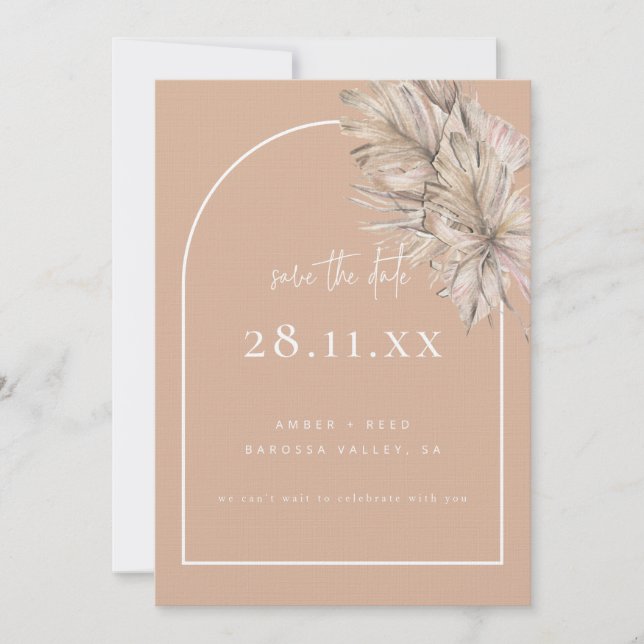 Save The Date Boho Palm Feuilles Floral Blush Rose Arche moderne (Devant)