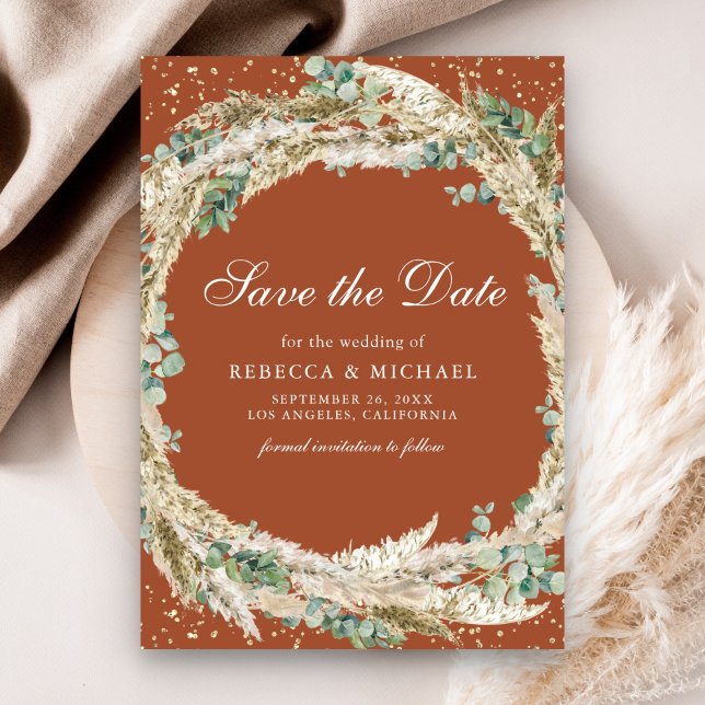 Save The Date Boho Pampas Eucalyptus Wreath Terracotta Mariage (Créateur téléchargé)