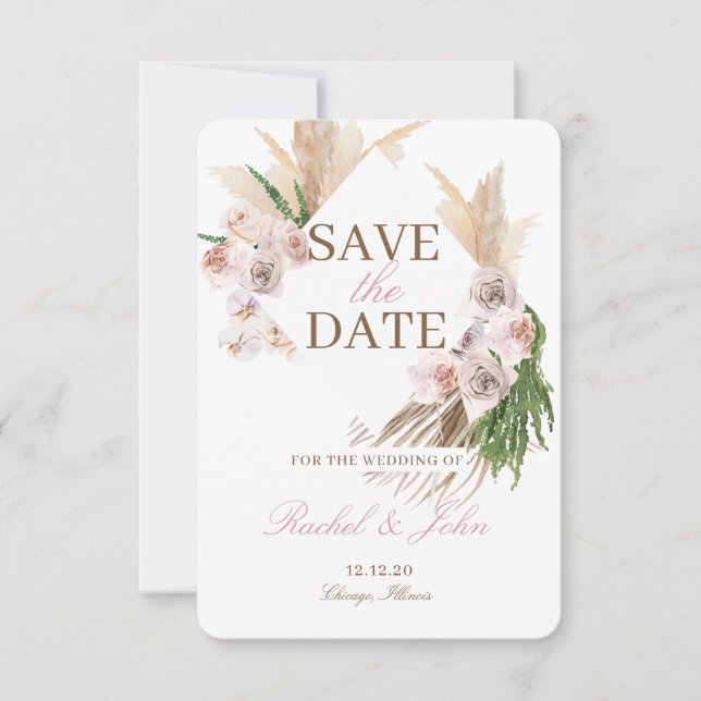Save The Date Boho Pampas Grass Blush Floral Enregistrer la date (Devant)