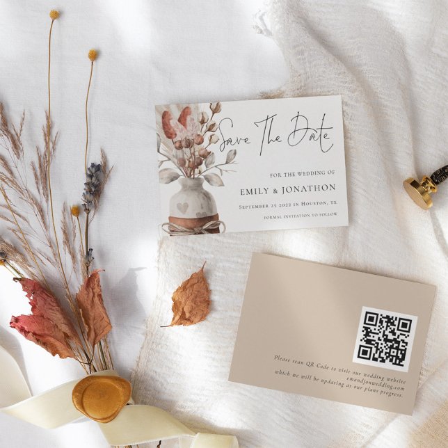 Save The Date Boho Pampas Grass QR Code Mariage (Créateur téléchargé)