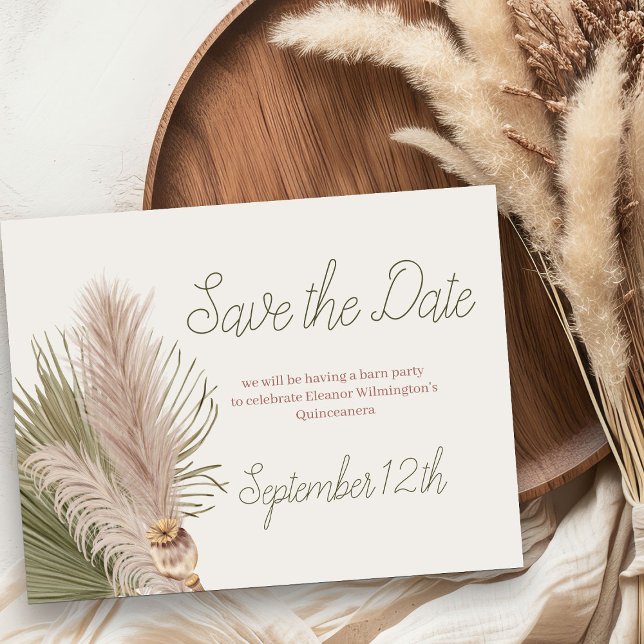 Save The Date Boho Pampas Grass Quinceanera Ouest (Save the Date from my Western Boho Quinceanera Collection - order printed or as printable download)
