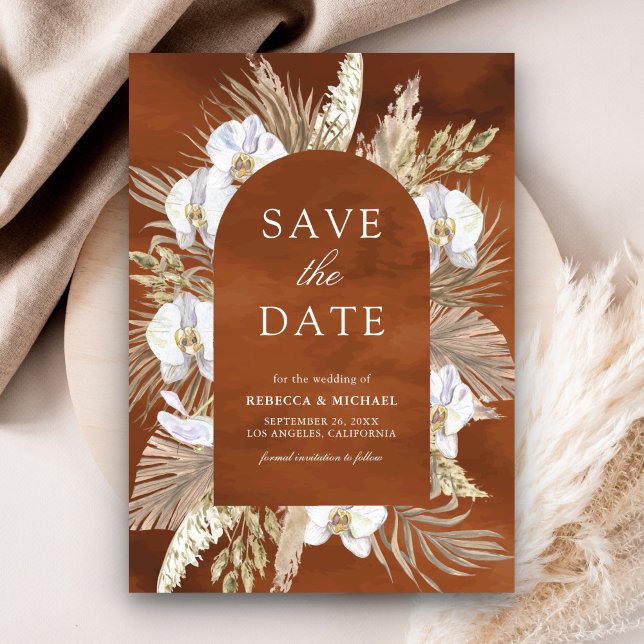 Save The Date Boho Pampas Orchidée blanche Mariage en terre cuit (Créateur téléchargé)