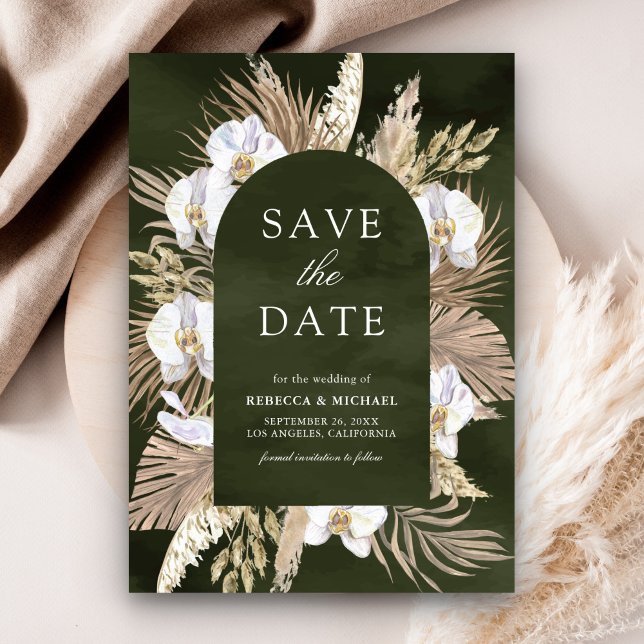 Save The Date Boho Pampas Orchidée blanche Olive Green Mariage (Créateur téléchargé)