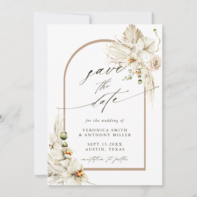 Save The Date Boho Pampas Orchidée d'herbe Aquarelle Mariage Pho (Devant)