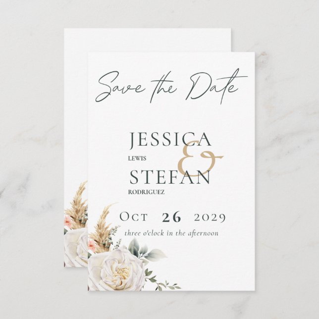 Save The Date Boho Pampas & Roses Roses Rose Mariage blanc (Devant / Derrière)