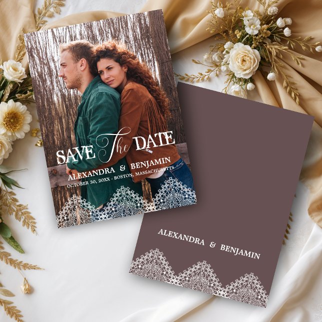 Save The Date Boho Photo Lace Effect Whimsical Typography (Rustic Boho Photo Lace Effect Whimsical Typography Save the Date Cards with Envelope.)