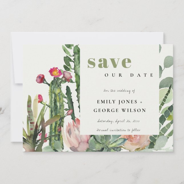SAVE THE DATE BOHO PINK FLORAL DESERT CACTI FOLICOULEUR D'EAU (Devant)