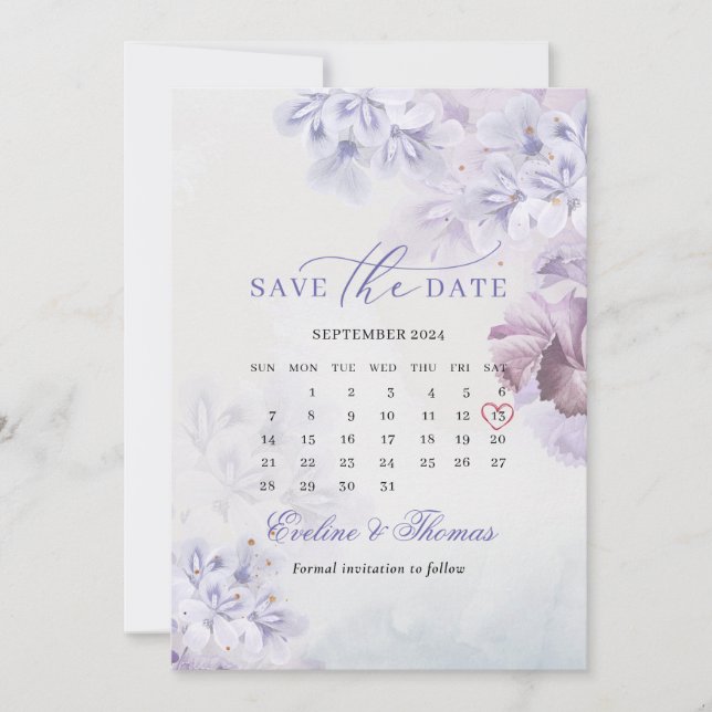 Save The Date Boho printemps fleurs pourpres mauve mois calendri (Devant)