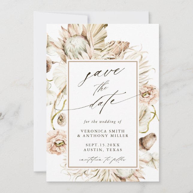 Save The Date Boho Protea Pampas Aquarelle en laiton Mariage Pho (Devant)