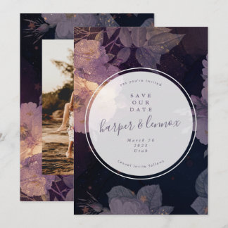 Save The Date Boho Purple Floral Winter Circle Photo