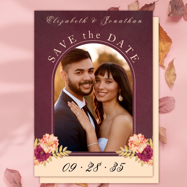 Save The Date Boho Rose de Bourgogne photo mariage Enregistrer l (Burgundy Roses Boho Photo Wedding Save the Date)