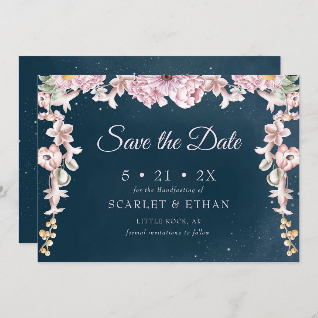 Save The Date Boho rose et bleu Starry Night Sky Handfasting (Devant / Derrière)