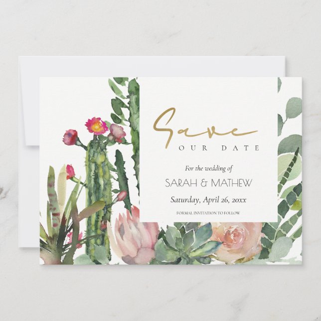 SAVE THE DATE BOHO ROSE FLEUR DÉSERTIQUE CACTUS FEUILLAGE AQUARE (Devant)