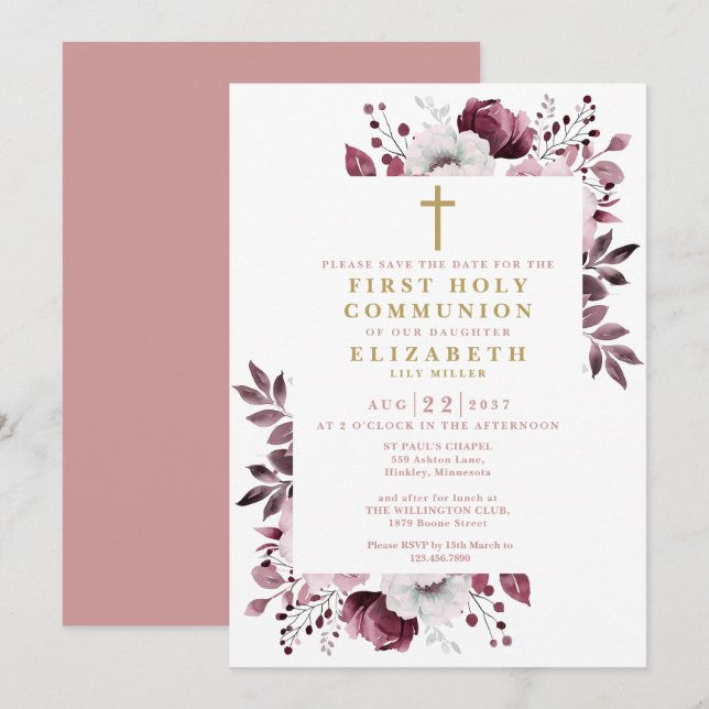 Save The Date Boho rose Floral Première Communion Sainte (Devant / Derrière)