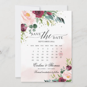 Save The Date Boho rose rousse bordeaux calendrier du mois fleur