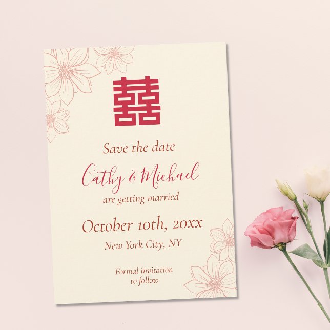 Save The Date Boho rouge et beige floral mariage chinois (Créateur téléchargé)