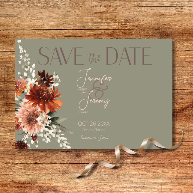 Save The Date Boho Rust & Chute Neutre Floral Sage Mariage vert (Créateur téléchargé)