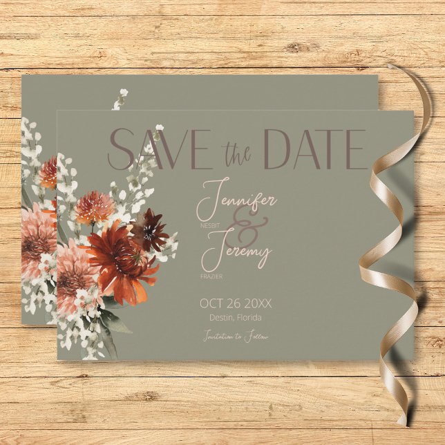Save The Date Boho Rust & Chute Neutre Floral Sage Mariage vert (Boho Rust & Neutral Fall Floral Sage Green Wedding Save The Date Card)