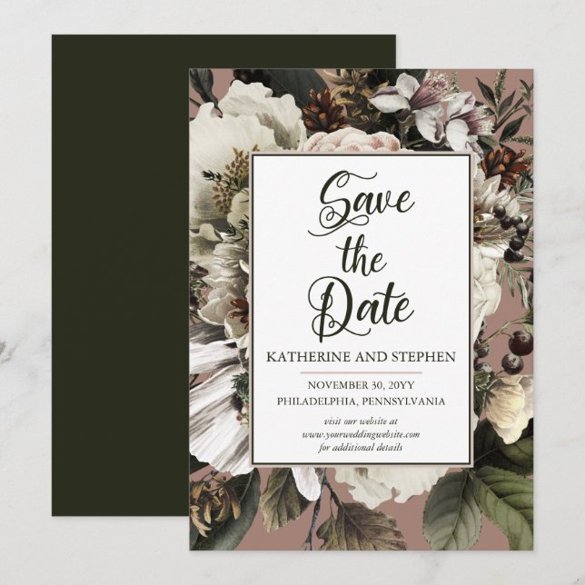 Save The Date Boho Rustique Dusty Rose Floral Bouquet (Devant / Derrière)