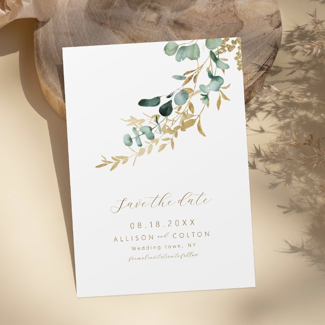 Save The Date Boho rustique eucalyptus or vert sauvez la date (Rustic eucalyptus gold greenery boho save the date)