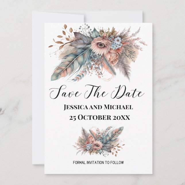 Save The Date Boho Rustique Fleurs Argent et Rose (Devant)