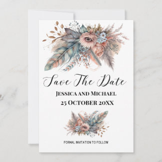 Save The Date Boho Rustique Fleurs Argent et Rose