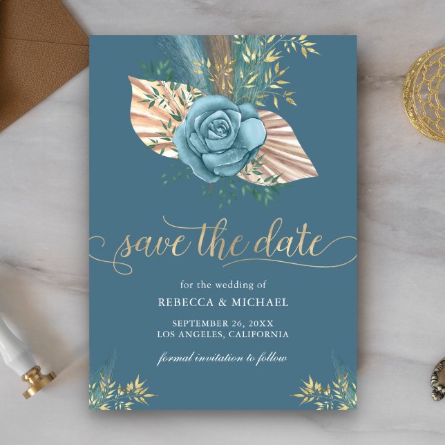 Save The Date Boho Rustique Palm Dusty Blue Floral Mariage (Créateur téléchargé)