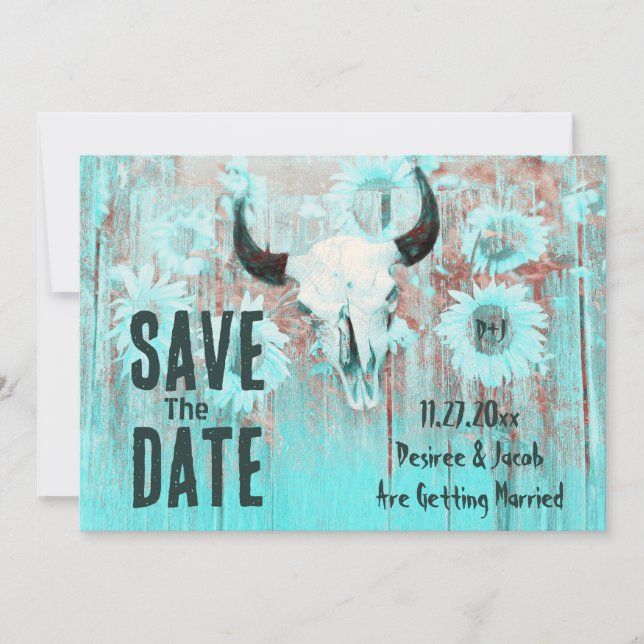 Save The Date Boho rustique Turquoise Sunflower Ouest Vache Crân (Devant)