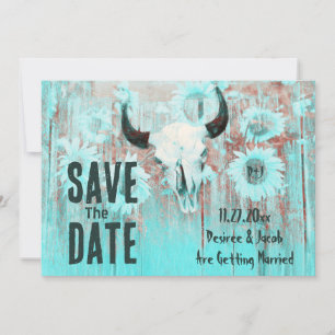 Save The Date Boho rustique Turquoise Sunflower Ouest Vache Crân
