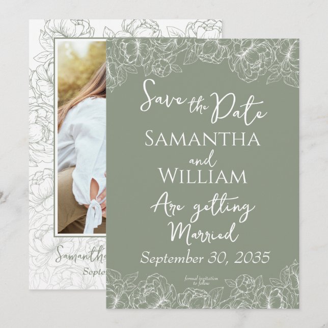 Save The Date Boho Sage Green Floral Modern Photo Mariage (Devant / Derrière)