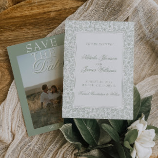 Save The Date Boho Sage Green Floral Modern Photo Wedding