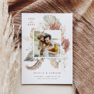 Save The Date Boho séché Palm Feuilles et Orchidées Blanches Pho